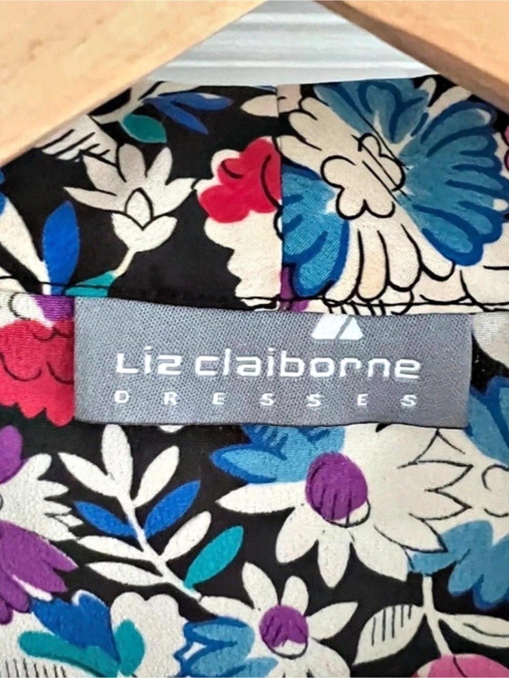 Vintage Liz Claiborne Floral Midi Dress in Black & Blue Size 14 - Picture 3 of 5